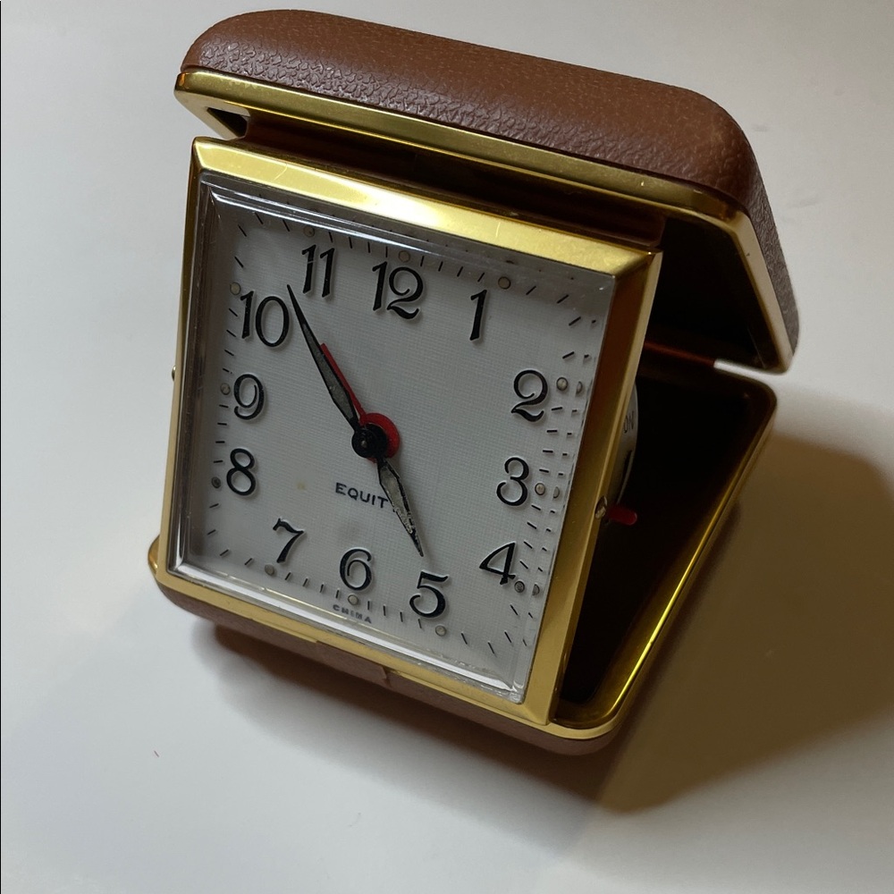 Vintage Equity Travel  Analog Face Wind Up Working Alarm Clock In Folding Case